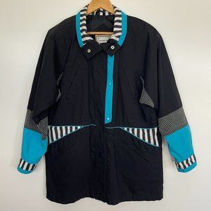 Vintage 90s Current Seen Black Blue Striped Polka Dot Snap Button Jacket Medium